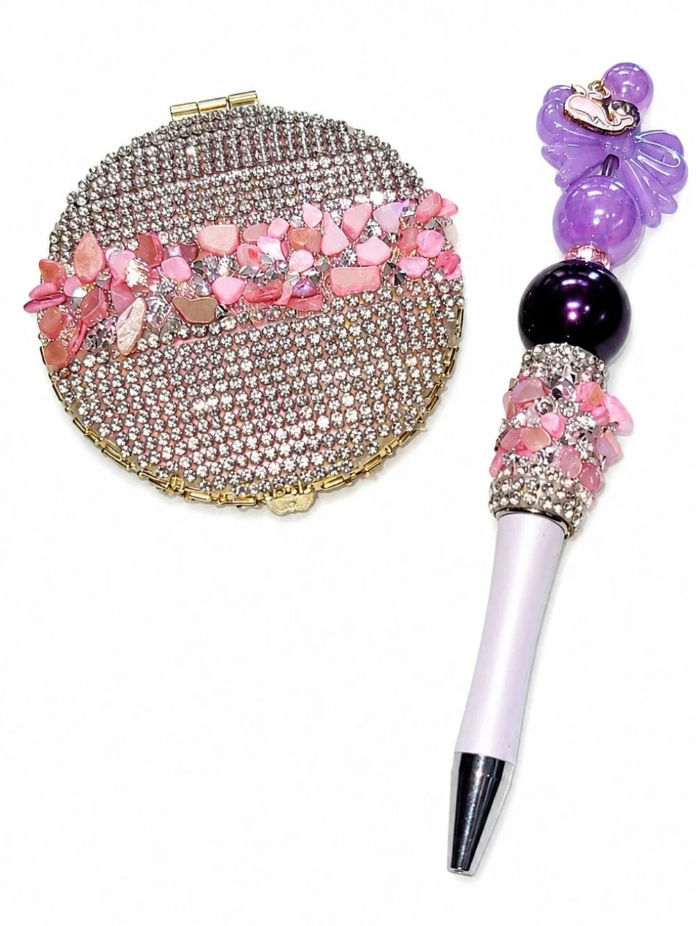 Handcrafted Rhinestone Compact Mirror & Beaded Pen Pink Gift Set